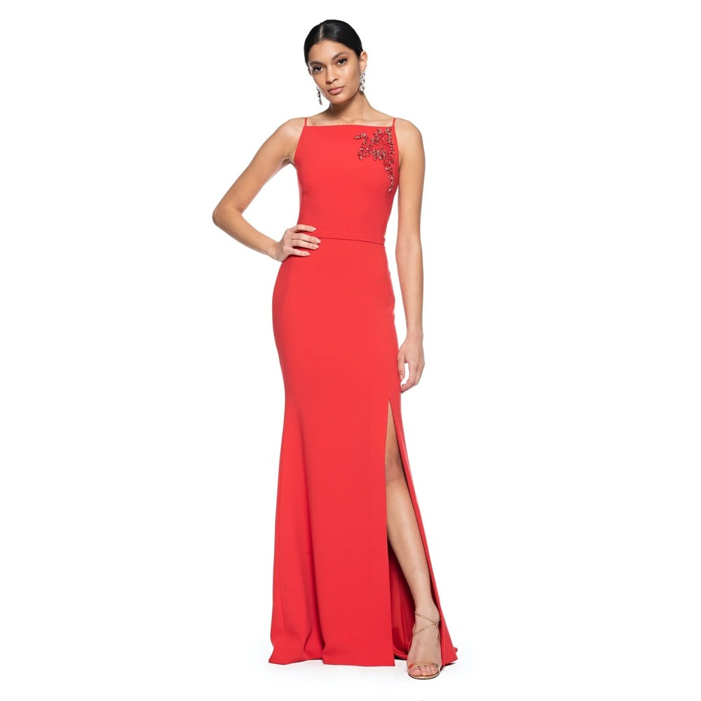 THEIA Apron Neck Gown Women 14 Red Beaded Slit Formal Dress Old Money Gala Chic